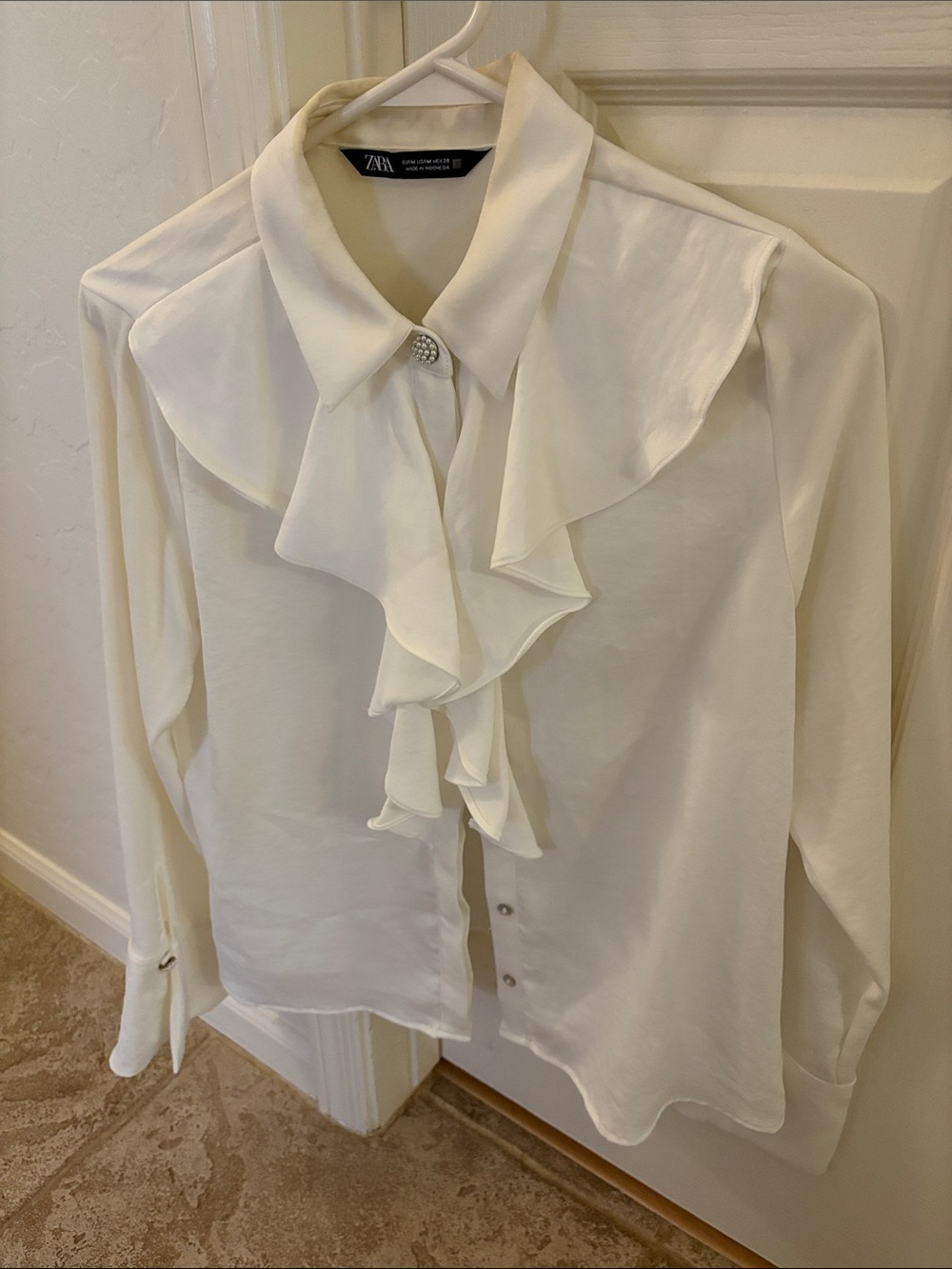 Zara Ivory Ruffle Front Long-Sleeve Blouse